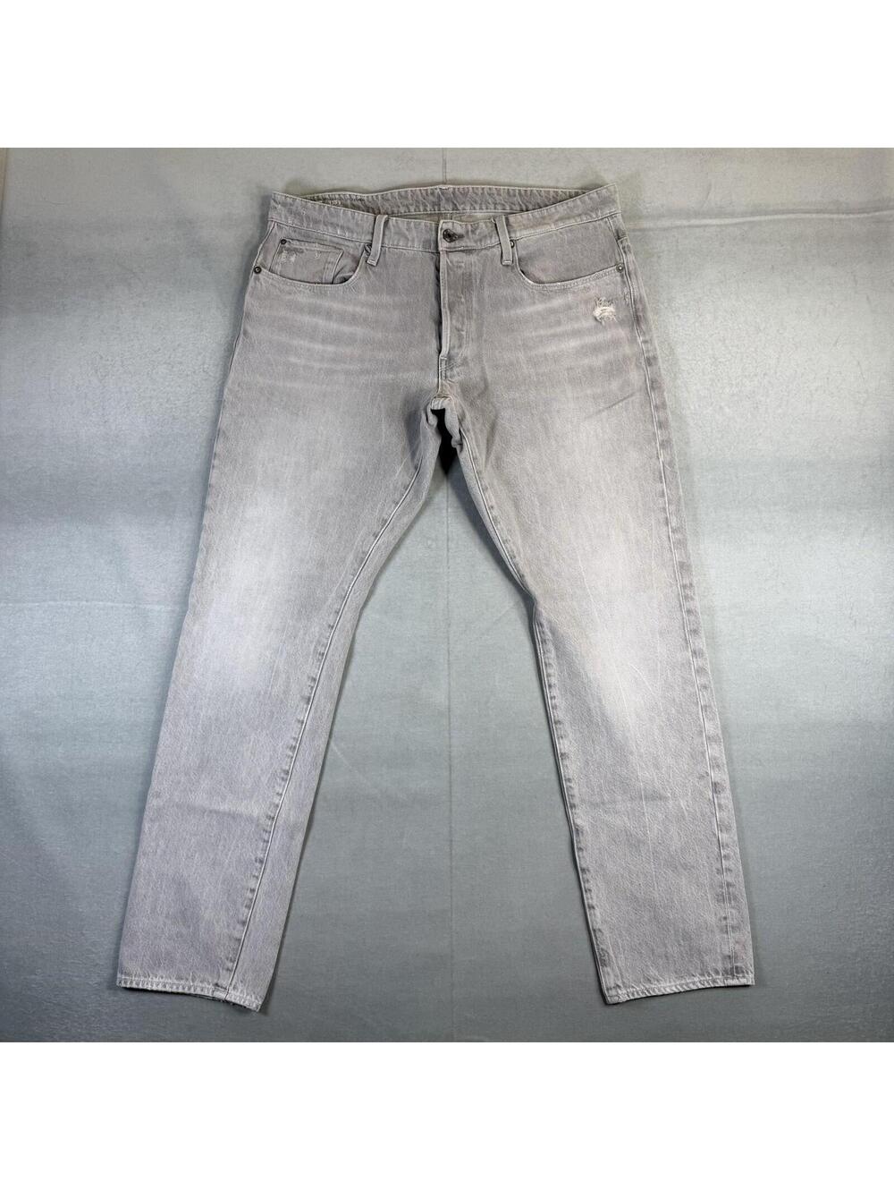 G Star Raw 3301 Tapered Jeans Mens 36x32 Gray Light Wash Denim Distressed Cotton